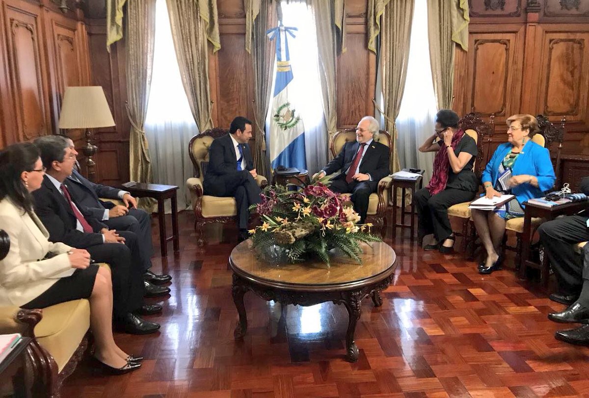 Comitiva de la Comisión Interamericana de Derechos Humanos se reúne con el presidente Jimmy Morales. (Foto Prensa Libre: Gobierno de Guatemala)