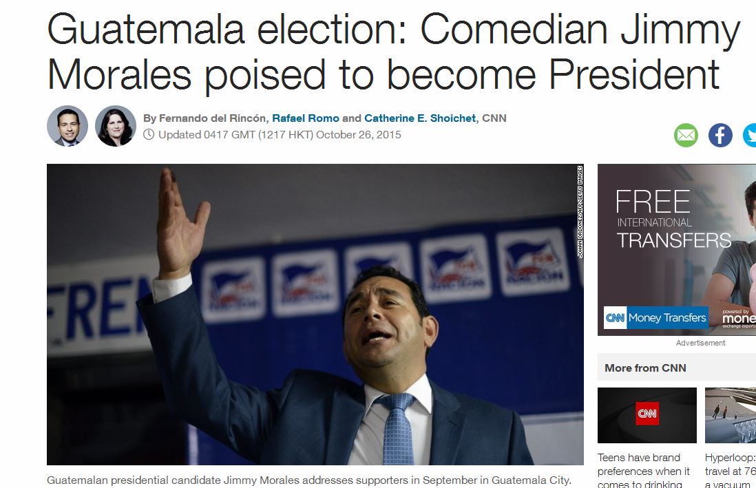 Esta es la portada de CNN Internacional, en la que destacan el triunfo de Jimmy Morales sobre Sandra Torres. (Foto Prensa Libre: CNN)