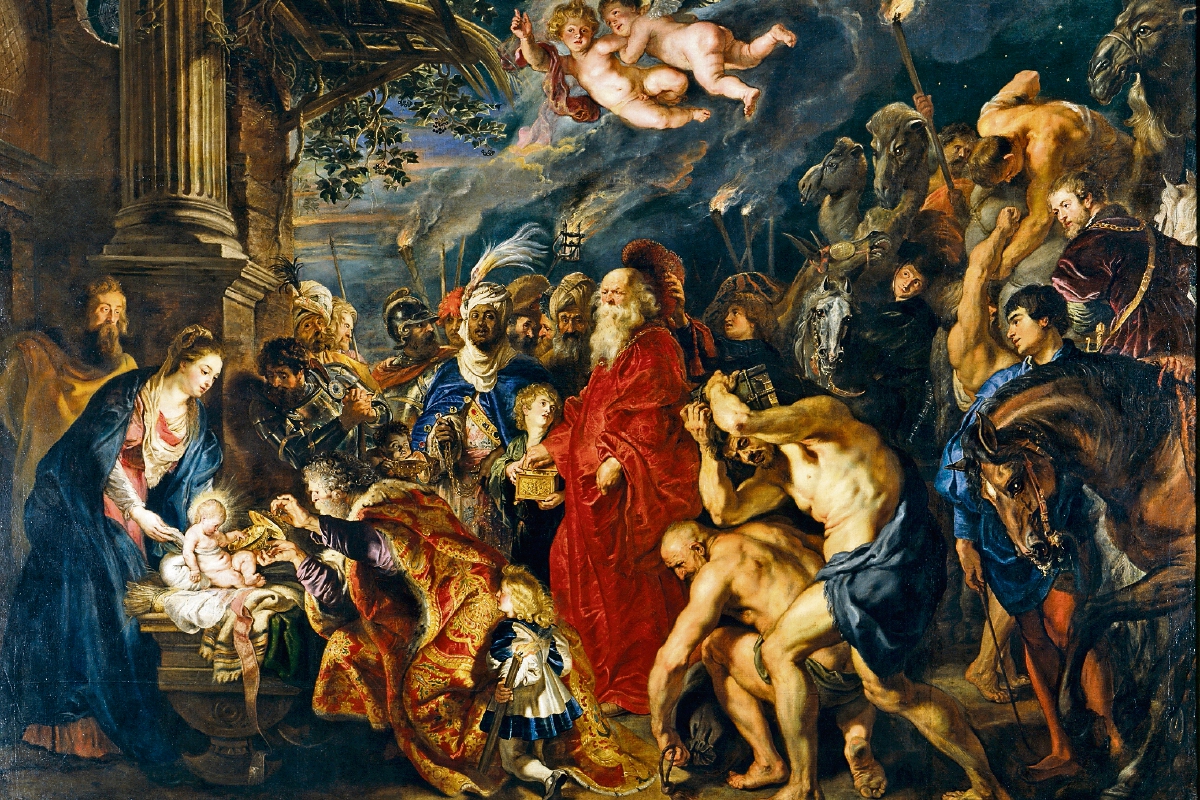 La adoración de los reyes magos, del pintor del barroco Peter Paul Rubens (1577-1640), es considerada una de sus obras maestras. Fue pintada en 1609. Mide 3.55 metros x 4.93 metros. Se conserva en el Museo del Prado, España. En la franja derecha Rubens incluyó su autorretrato. Se representó montado a caballo, con espada y cadena de oro, lo cual refleja la condición nobiliaria que le había concedido en 1624 Felipe IV.