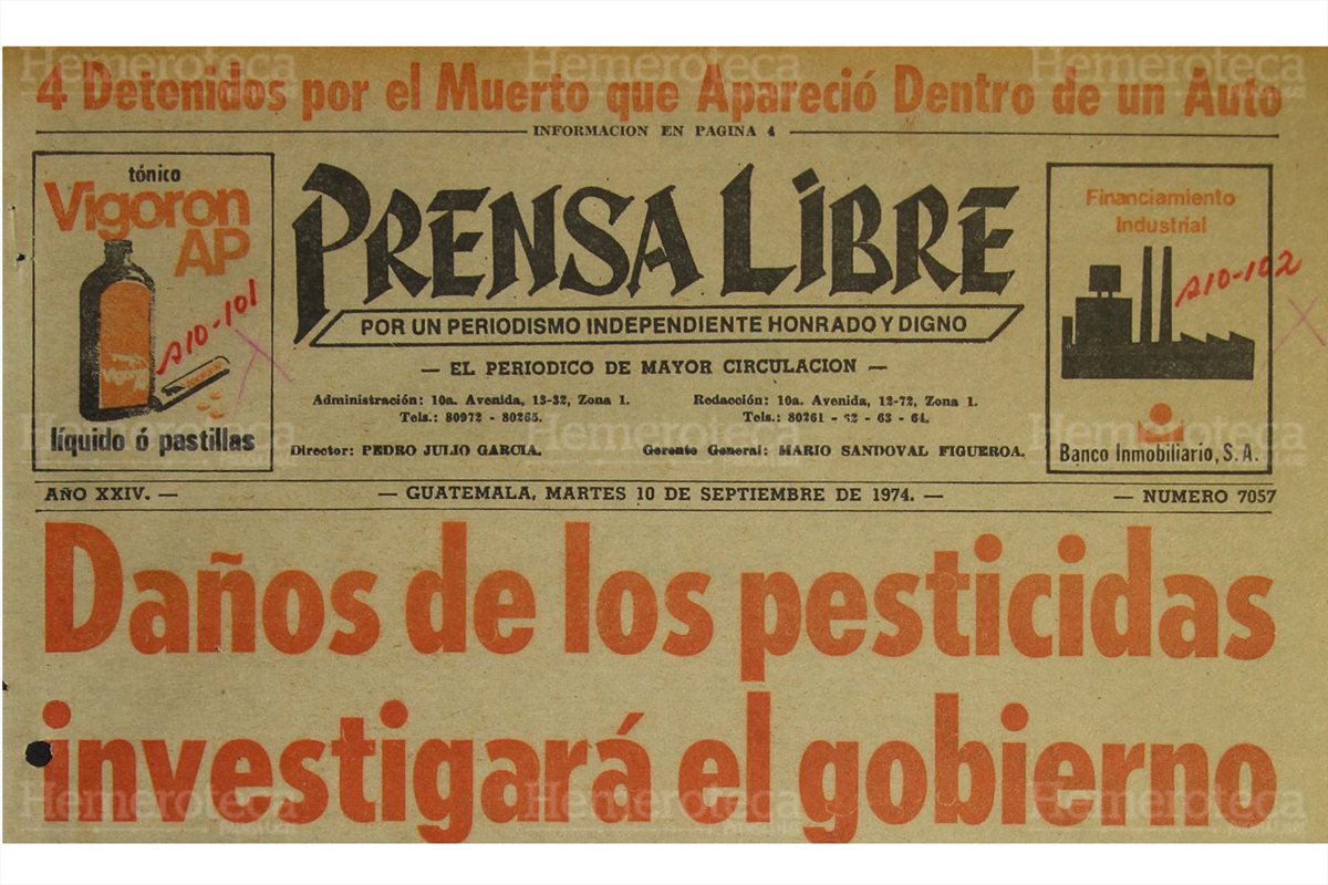 Portada de Prensa Libre con fecha 10 de septiembre de 1974 sobre investigación por daños de los pesticidas. (Foto: Hemeroteca PL)