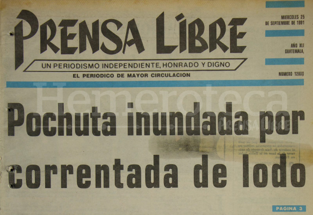 Titular de Prensa Libre del 25 de septiembre de 1991. (Foto: Hemeroteca PL)