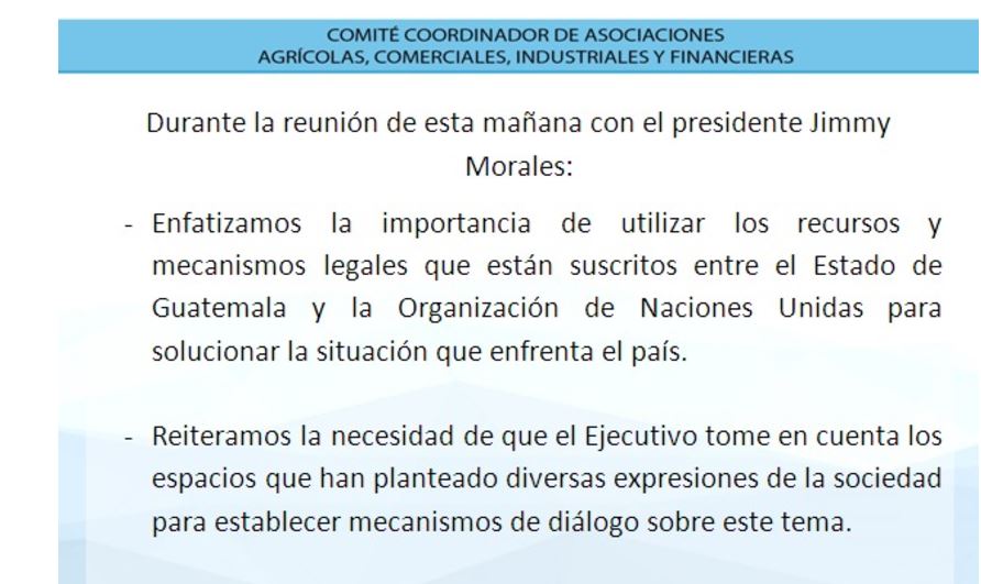 Comunicado que emitió el Cacif después de la reunión con el presidente Jimmy Morales. (Foto Prensa Libre: Cacif).