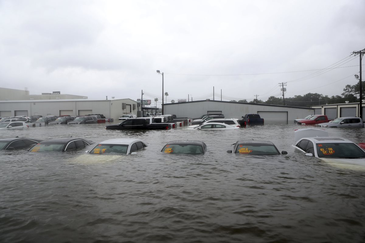 Varios vehículos quedaron sumergidos en un predio de venta de autos en Dickinson, Texas.(AP).