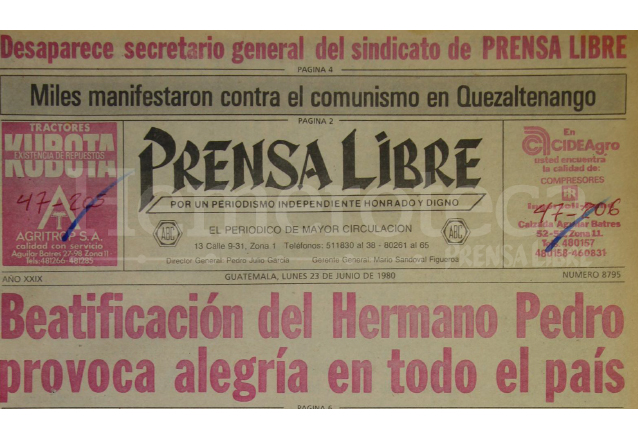 Titular de Prensa Libre del 23 de junio de 1980. (Foto: Hemeroteca PL)