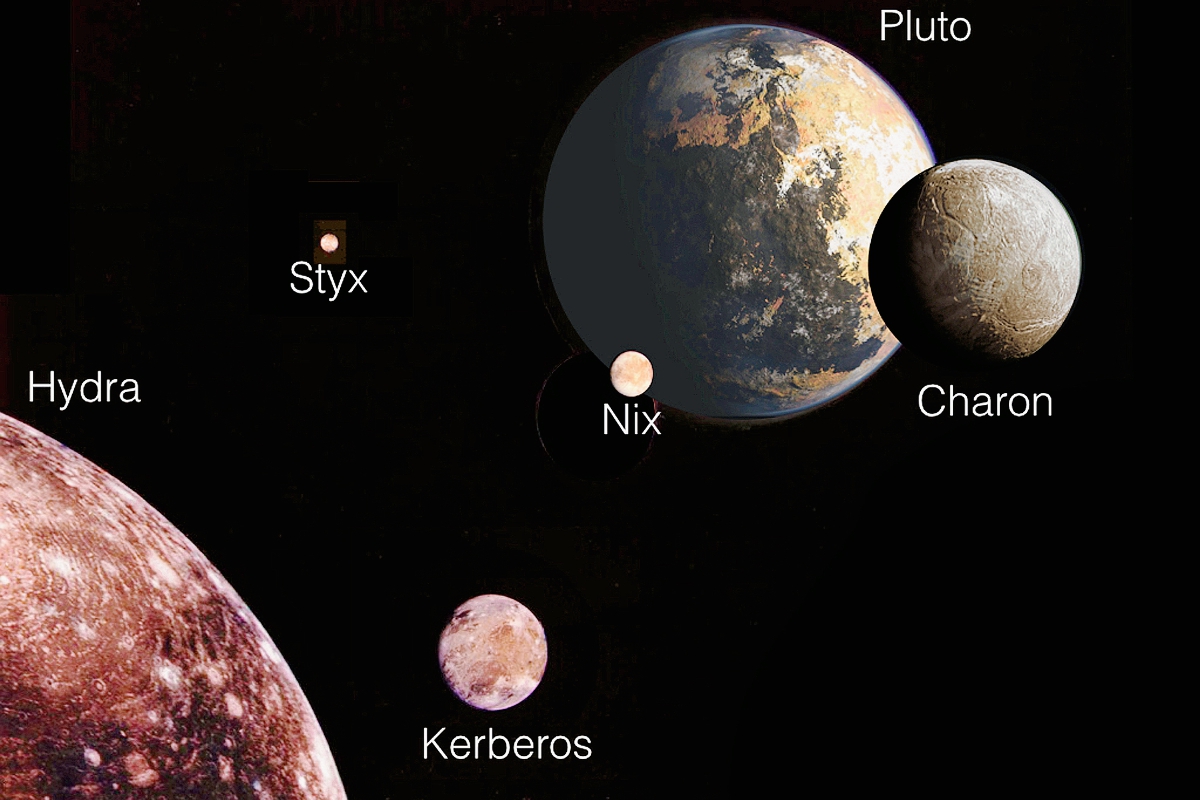 Ilustración proporcionada por la NASA que muestra a Plutón y sus cinco lunas. (Foto Prensa Libre: AP).