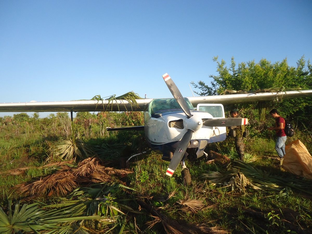 La avioneta estaba cubierta por árboles, para evitar que fuera hallada. (Foto Prensa Libre: Rigoberto Escobar)
