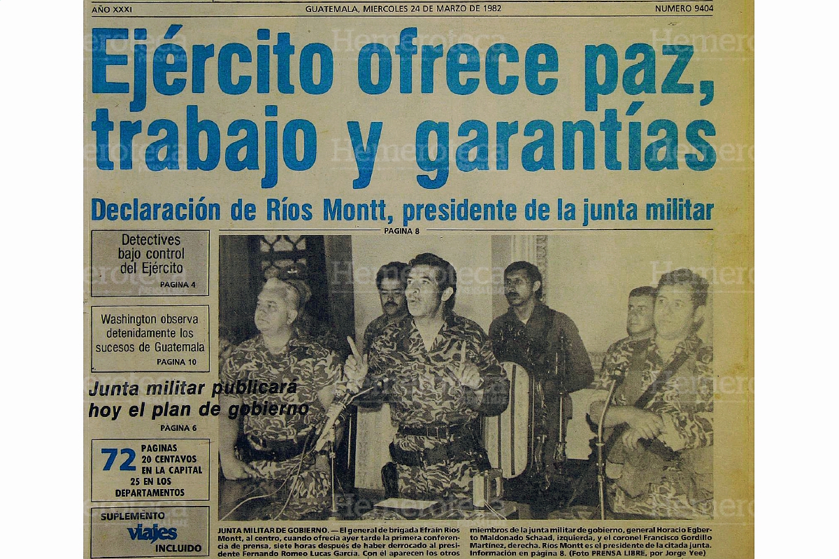 Junta militar, integrada por Horacio Egberto Maldonado Schaad, José Efraín Rios Montt y Francisco Gordillo Marti?nez. Foto: Hemeroteca PL