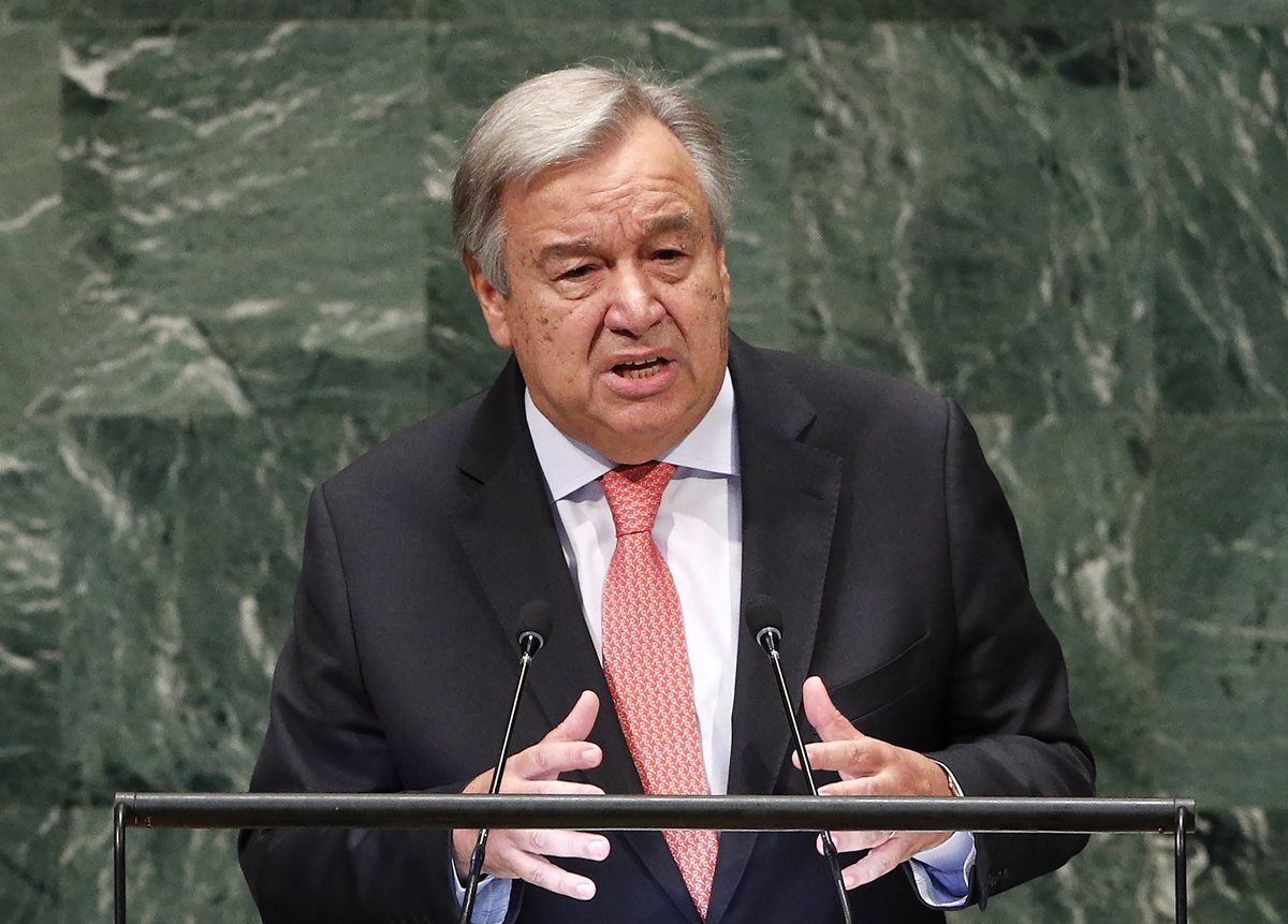 Antonio Guterres, secretario de ONU, da un discurso en la apertura del periodo de sesiones de la Asamblea del organismo. (Foto Prensa Libre: EFE)