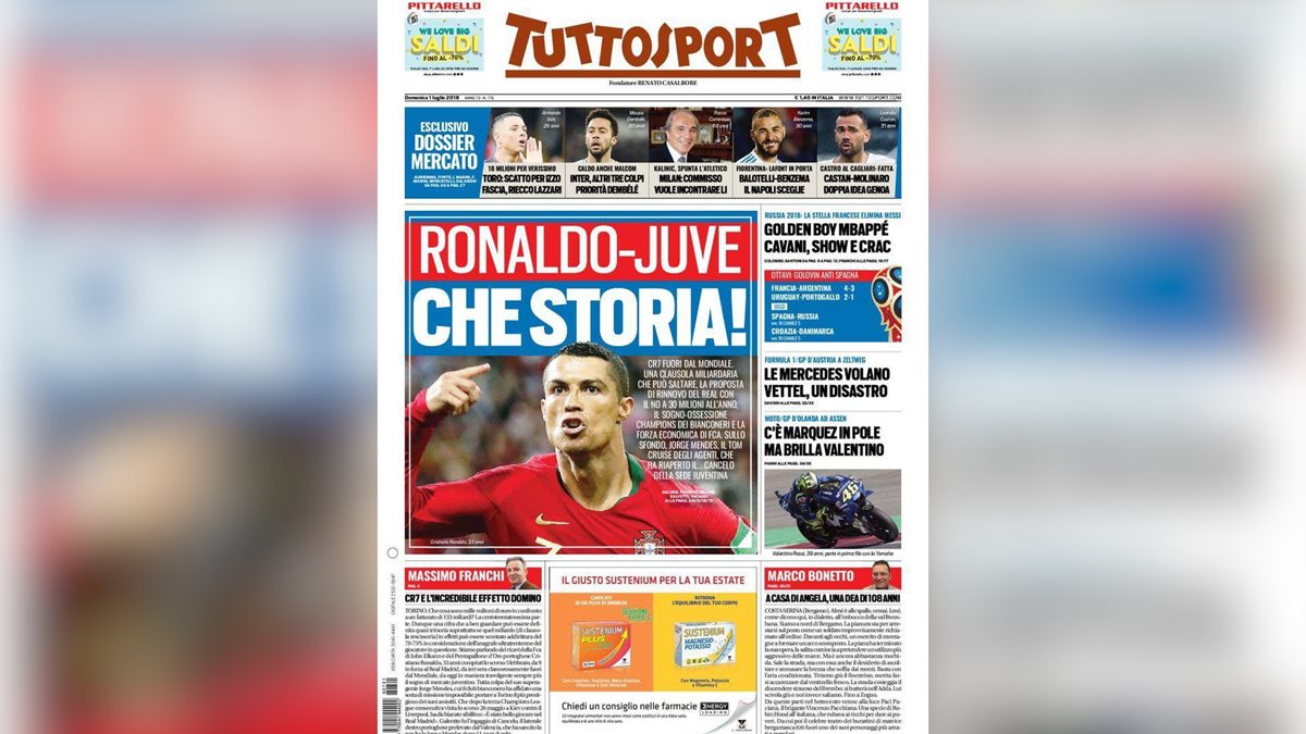 Tuttosport abrió este domingo con la noticia del deseo de la Juventus de Turín por fichar a Cristiano Ronaldo. (Foto Prensa Libre: tomada de Tuttosport)