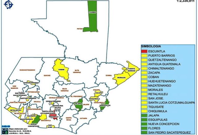 Mapa de los municipios donde priorizarán la seguridad. (Foto Prensa Libre: Ministerio de Gobernación)