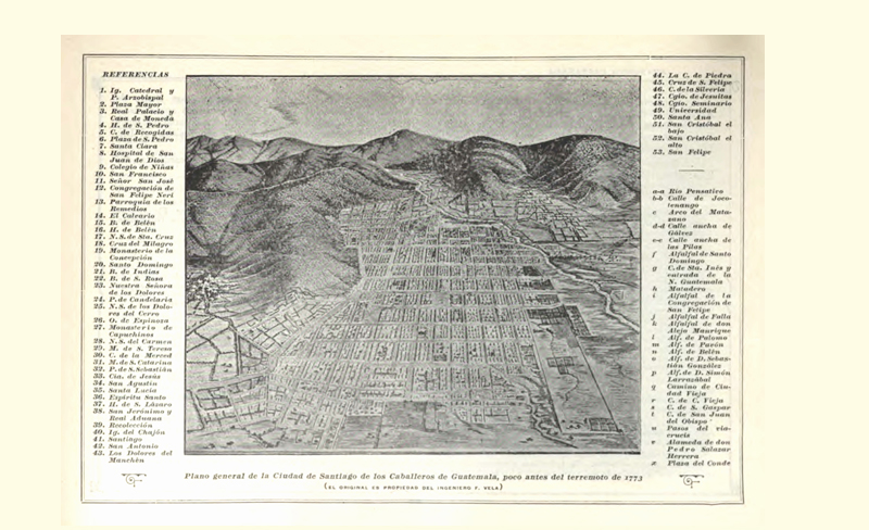 Mapa de la Antigua Guatemala, fechado poco antes de los terremotos de Santa Marta. La información menciona más de 40 templos, así como edificios públicos. (Foto: La República).