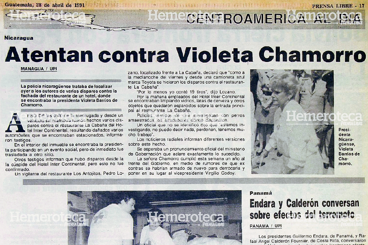 Nota de Prensa Libre del 28 de abril de 1991 sobre atentado contra la presidenta nicaragüense. (Foto Prensa Libre: Hemeroteca)