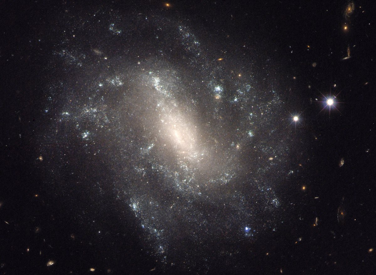 Imagen de la Nasa que muestra una galaxia espiral barrada a 130 millones de años luz de distancia. (Foto Prensa Libre: AP)