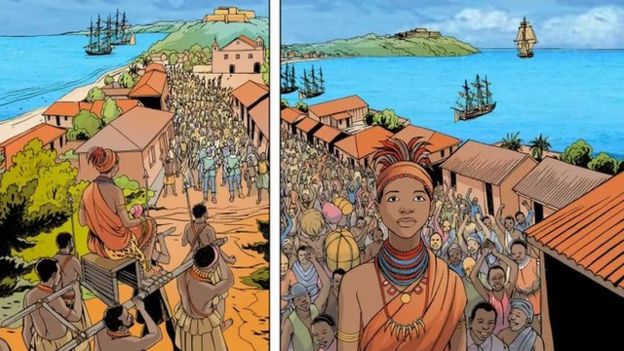 En este cómic realizado por la UNESCO sobre mujeres históricas africanas, se muestra el momento en que Njinga descubrió cómo Luanda se había convertido en uno de los mayores puertos de esclavos del continente. UNESCO