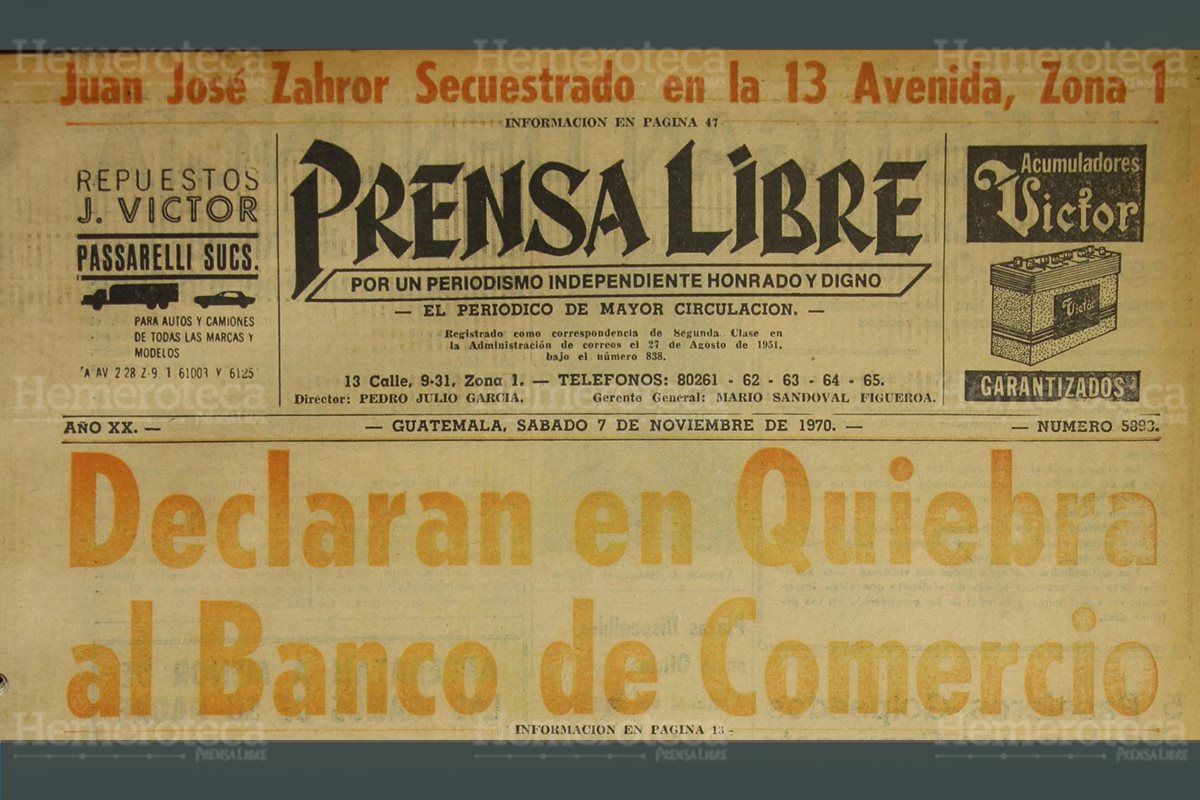 Titular de portada del 7 de noviembre de 1970, en donde se destaca la quiebra del Banco de Comercio. (Foto: Hemeroteca PL)