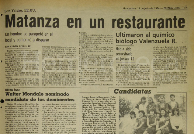 Nota de Prensa Libre del 19 de julio de 1984 informando sobre la masacre en San Ysidro, EE. UU. (Foto: Hemeroteca PL)