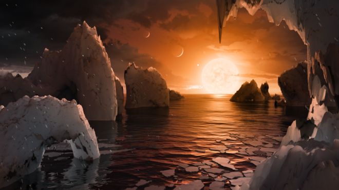 Este dibujo de la NASA muestra el paisaje que podrían tener los planetas descubiertos en el sistema TRAPPIST-1. Foto: NASA/JPL-Caltech
