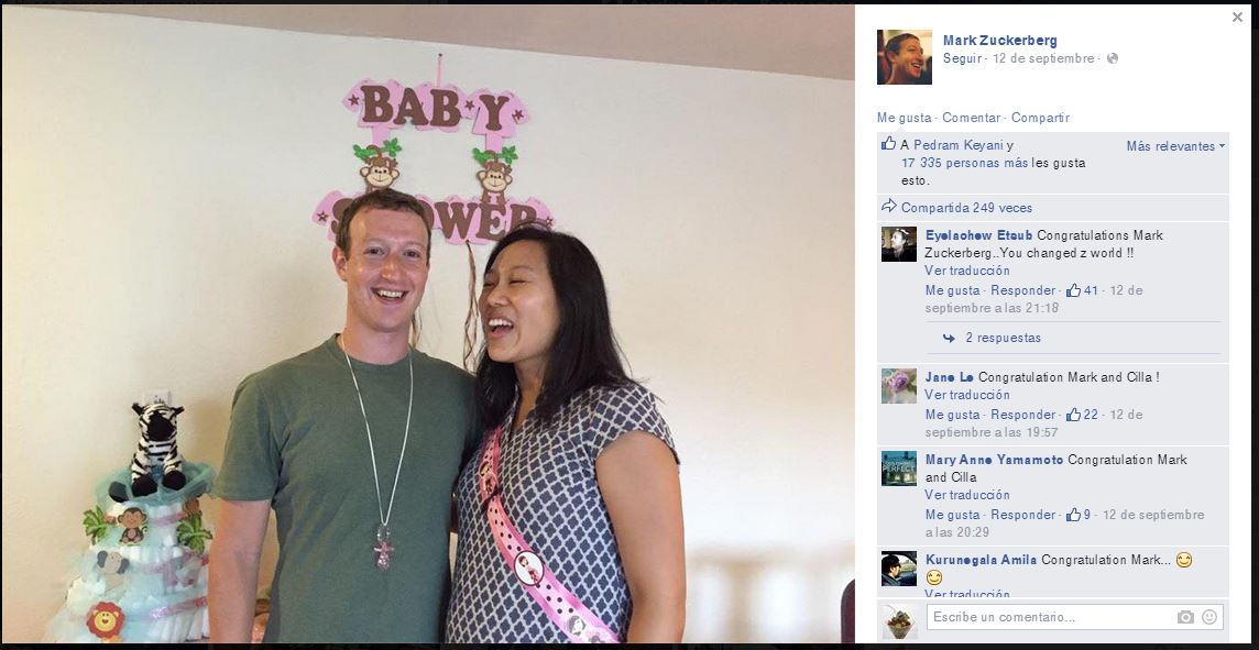 Mark Zuckerberg junto a Priscilla Chan celebran la llegada de su hija. (Foto Prensa Libre: Facebook/  Mark Zuckerberg)