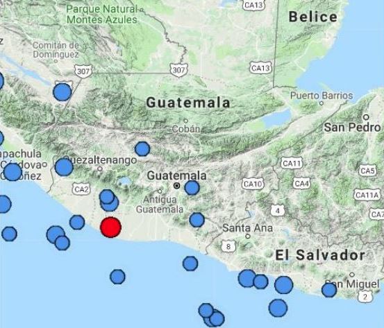 El punto rojo muestra el lugar del epicentro del temblor registrado a las 19.21 horas. (Foto Prensa Libre: Insivumeh).