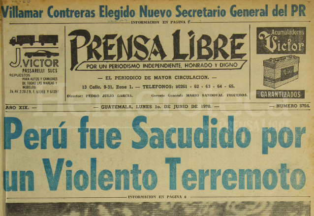 Titular de Prensa Libre del 1 de junio de 1970. (Foto: Hemeroteca PL)