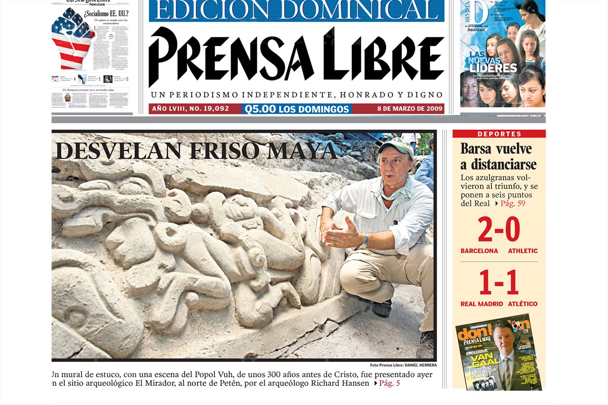 PPortada de Prensa Libre del 07/03/2009 informa sobre el hallazgo de friso con un pasaje del Popol Vuh (Foto: Hemeroteca PL)