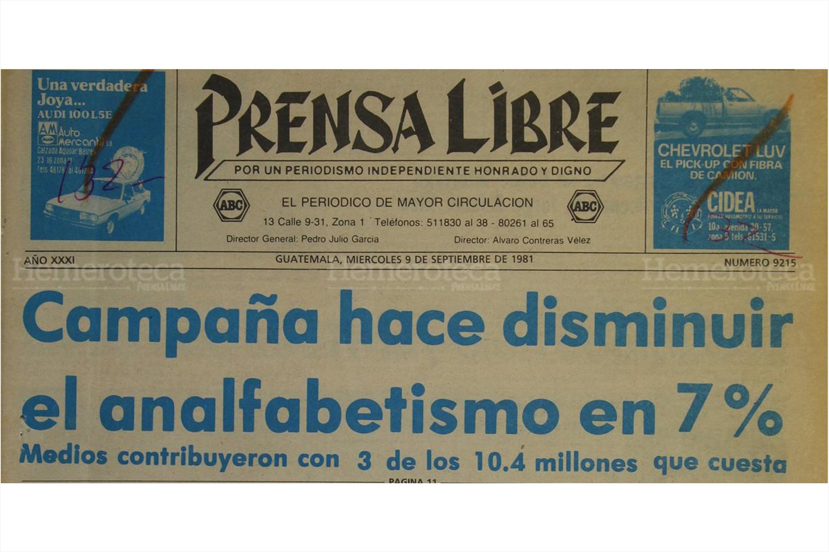 Portada de Prensa Libre del 9 de septiembre de 1981 informa sobre campaña de alfabetización. (Foto: Hemeroteca PL)