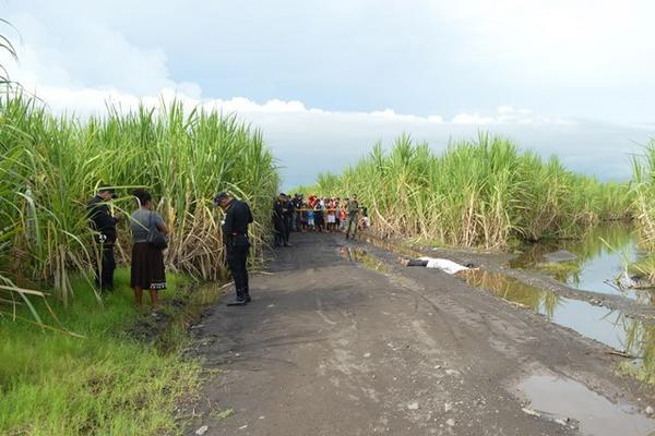 Autoridades en el lugar donde fue encontrado el cadáver de una mujer en la ruta entre Escuintla y Puerto San José. (Foto Prensa Libre: Enrique Paredes)<br _mce_bogus="1"/>