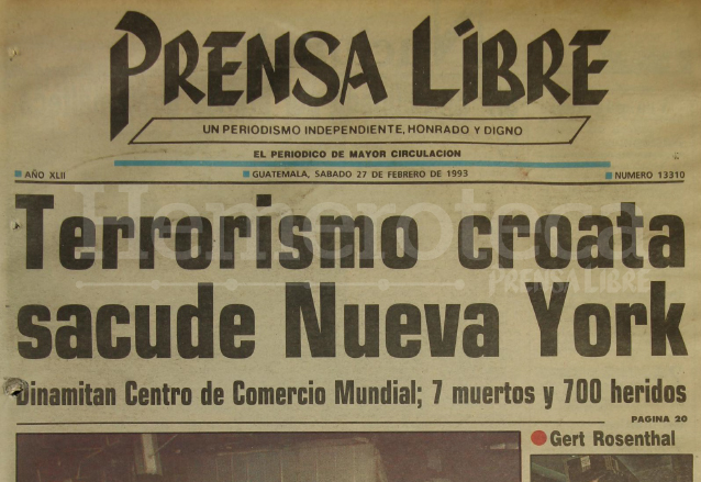 Titular de Prensa Libre del 27 de febrero de 1993. (Foto: Hemeroteca PL)