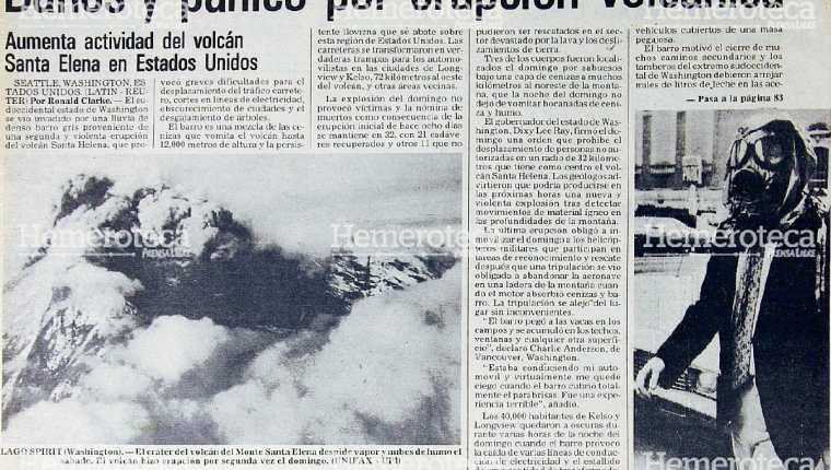 Nota periodística informando sobre la erupción del Monte Santa Elena en mayo de 1980. (Foto Prensa Libre: Hemeroteca)