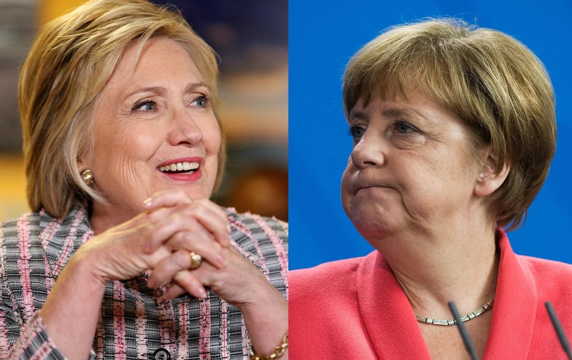 Según Forbes, Hillary Clinton (izq.) amenaza el reinado de Ángela Merkel como la mujer más poderosa del mundo. (Fotos Prensa Libre: AFP).