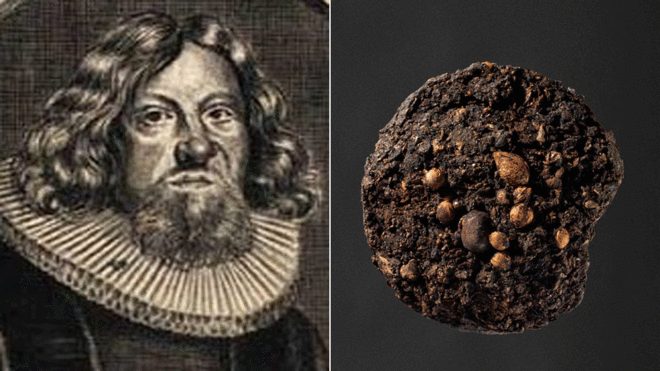 El obispo Jens Bircherod y las heces identificadas como suyas. NORDJYLLANDS HISTORISKE MUSEUM/MOESGAARD MUSEUM