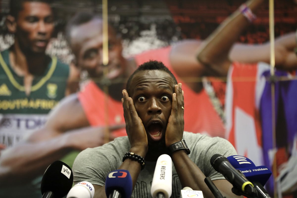 Usain Bolt muestra su sorpresa durante la conferencia de prensa previo al Golden Spike Athletic en Ostrava. (Foto Prensa Libre: AP)