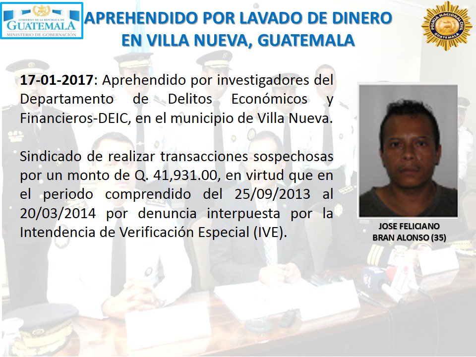 Ficha del detenido José Feliciano Bran Alonso, vinculado a acciones de lavado de dinero. (Foto Prensa Libre: Twitter)