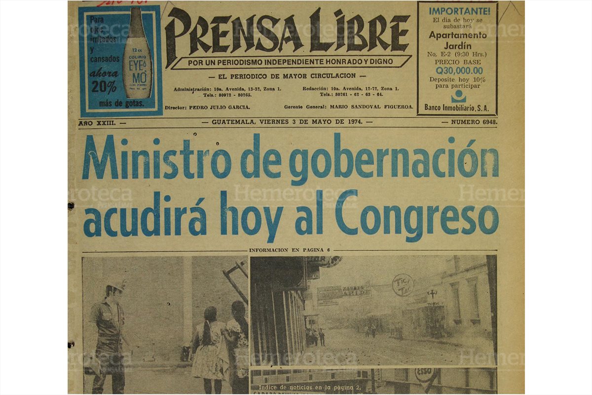 03/05/1974 Portada de Prensa Libre luego de los disturbios del primero de mayo, el ministro fue llamado por los diputados. (Foto: Hemeroteca PL)