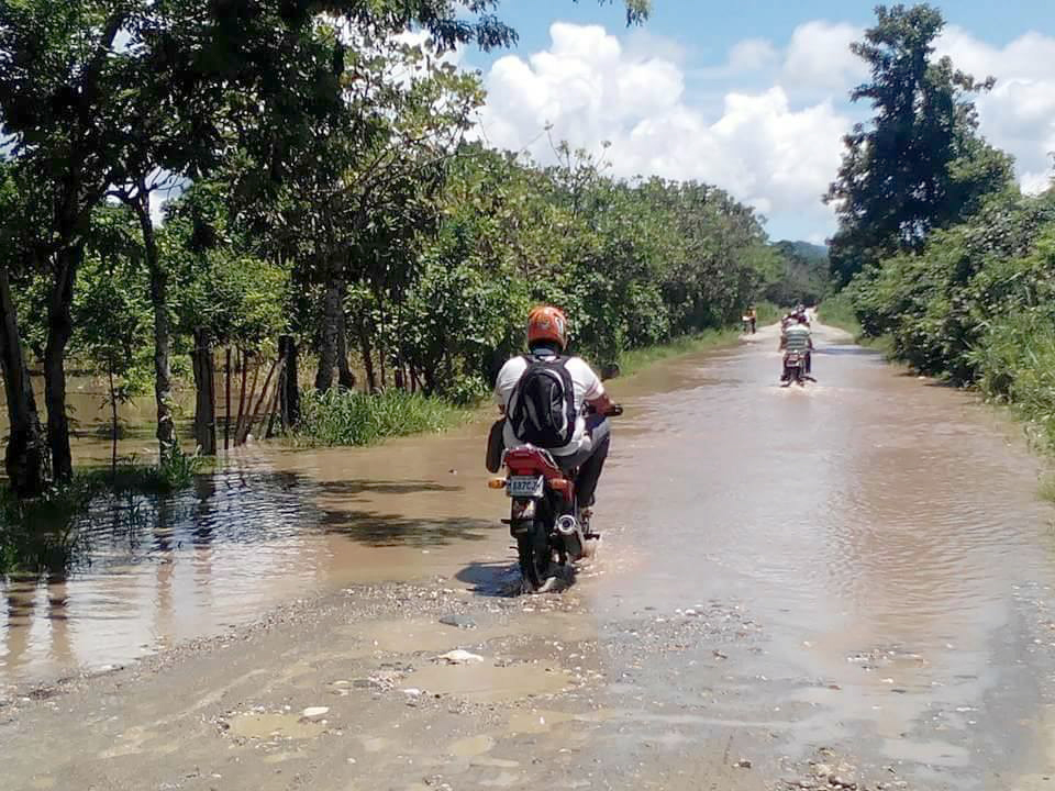 Vecinos atraviesan una calle hacia Creeck Zarco en Morales, Izabal, la cual se inundó la crecida del río Motagua. (Foto Prensa Libre: Dony Stewart)