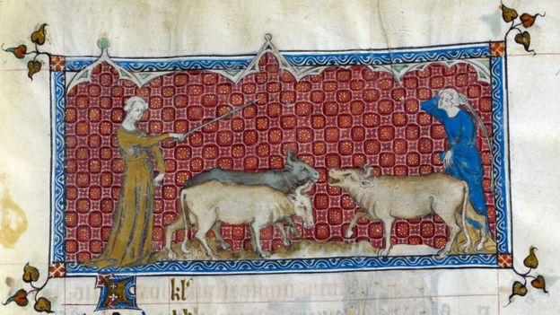 ¿Con cuántos bueyes empezó cada hombre antes de que el primero le pidiera 2 al segundo para que tuvieran la misma cantidad, y de que el segundo le pidiera dos al primero, para tener el doble? (Cortesía de la Biblioteca Británica)