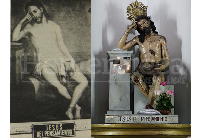 A la izquierda, el cuadro de Jesús del Pensamiento que se encontraba en el Portal del Ayuntamiento. A la derecha la imagen de la misma advocación de la Iglesia de Santo Domingo, nótese el parecido. (Foto: Hemeroteca PL)