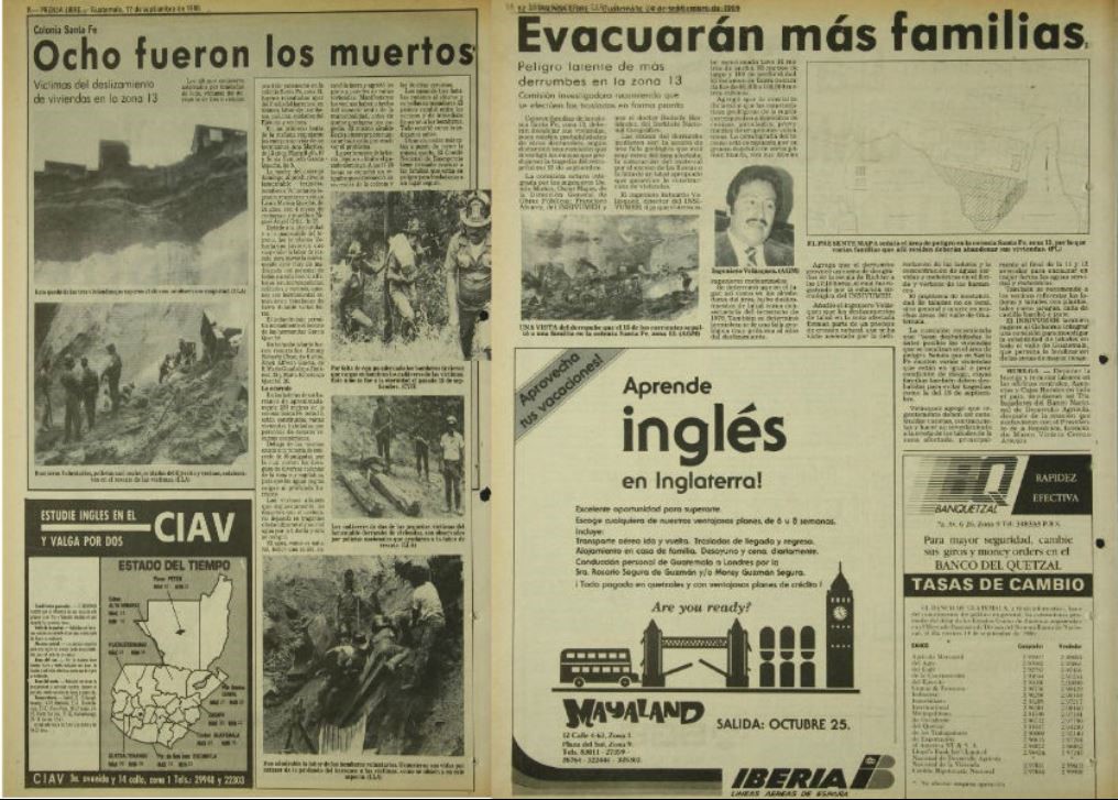 Prensa Libre publicó la tragedia en Santa Fe en septiembre de 1986. Los bomberos encontraron a ocho personas soterradas. (Foto Hemeroteca PL).