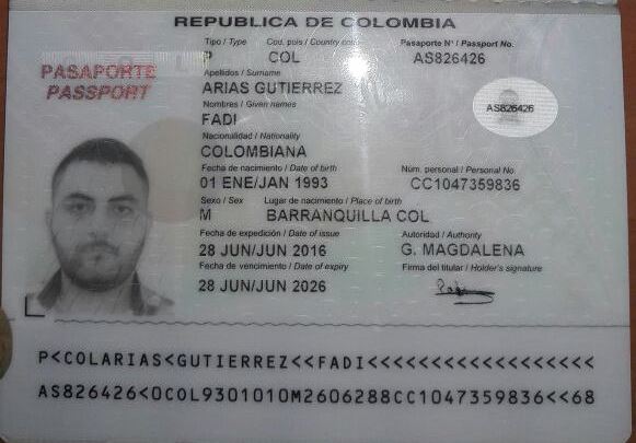 Este es el pasaporte colombiano falso que presentó el ciudadano sirio. (Foto: PNC)