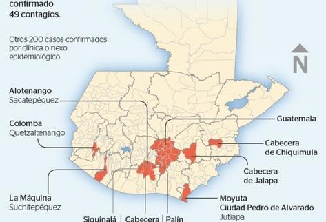 Mapa muestra avance de chikungunya en el país. (Infografía Prensa Libre: Rosana Rojas)