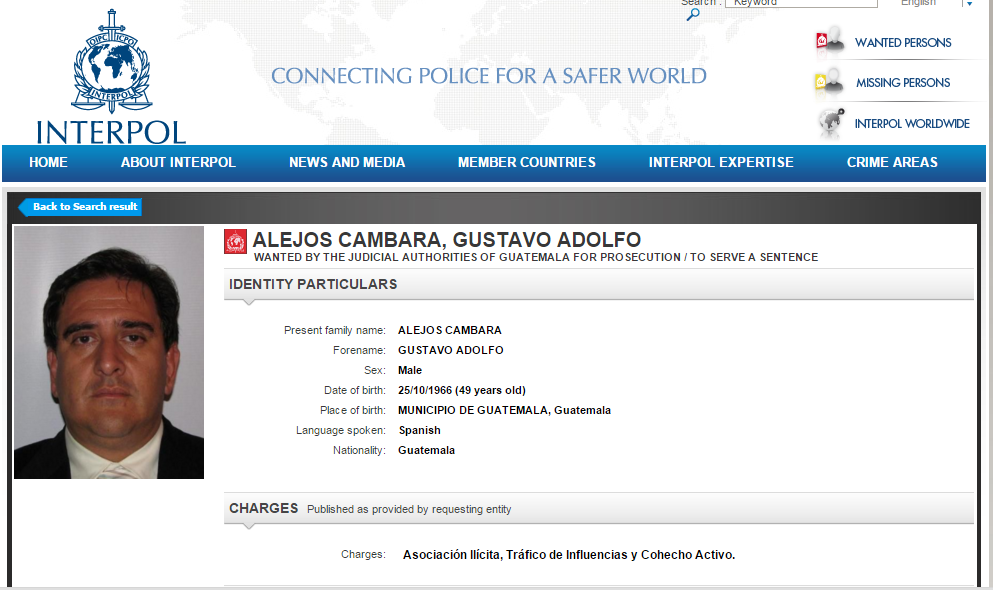 El empresario Gustavo Alejos Cámbara aparece en la página de Internet de Interpol, entre las personas más buscadas por las autoridades de Guatemala (Foto Prensa Libre: Página Interpol). 