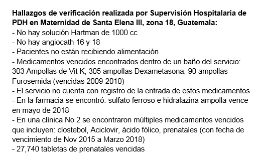 Hallazgos de la PDH en el hospital de maternidad de Santa Elena, zona 18.