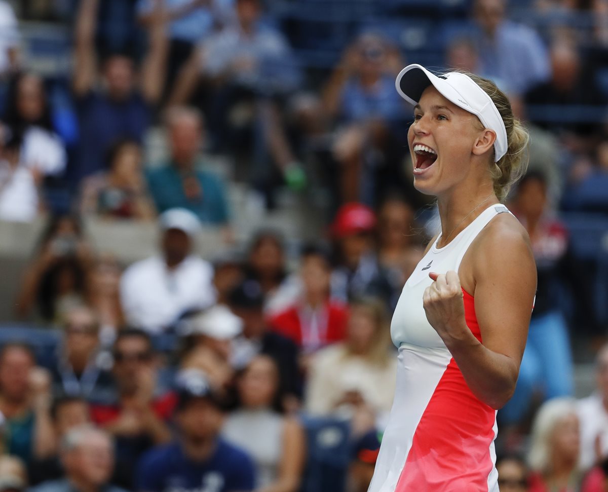 Wozniacki celebra luego de derrotar a Madison Keys este domingo. (Foto Prensa Libre: AP)