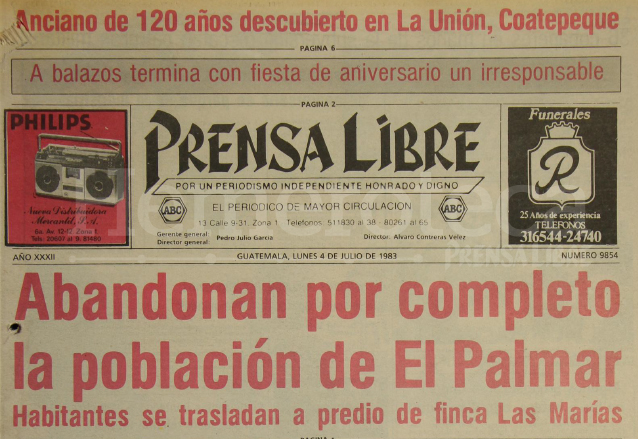 Titular del 4 de julio de 1983 informando sobre el traslado de los vecinos de El Palmar a una finca provisional tras la destrucción del antiguo municipio. (Foto: Hemeroteca PL)