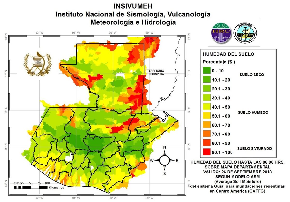 Mapa de humedad del suelo, distribuido por el Instituto Nacional de Sismología, Vulcanología, Meteorología e Hidrología. (Foto Prensa Libre: Cortesía Conred)
