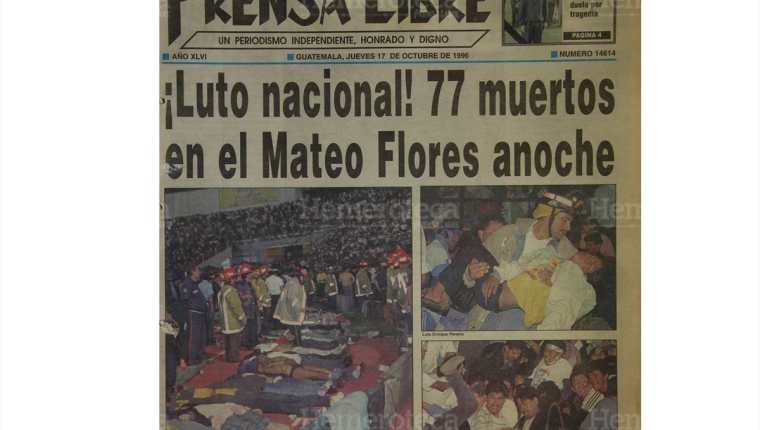 Portada de Prensa Libre en la cual se aprecia la magnitud de la tragedia en el cual preliminarmente se daba a conocer la cifra de 77 aficionados muertos. (Foto: Hemeroteca PL)