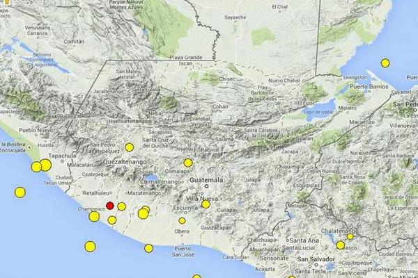 Imagen muestra el área en donde se registró el epicentro del sismo sensible hoy en la Costa Sur. (Foto Prensa Libre: Conred)<br _mce_bogus="1"/>