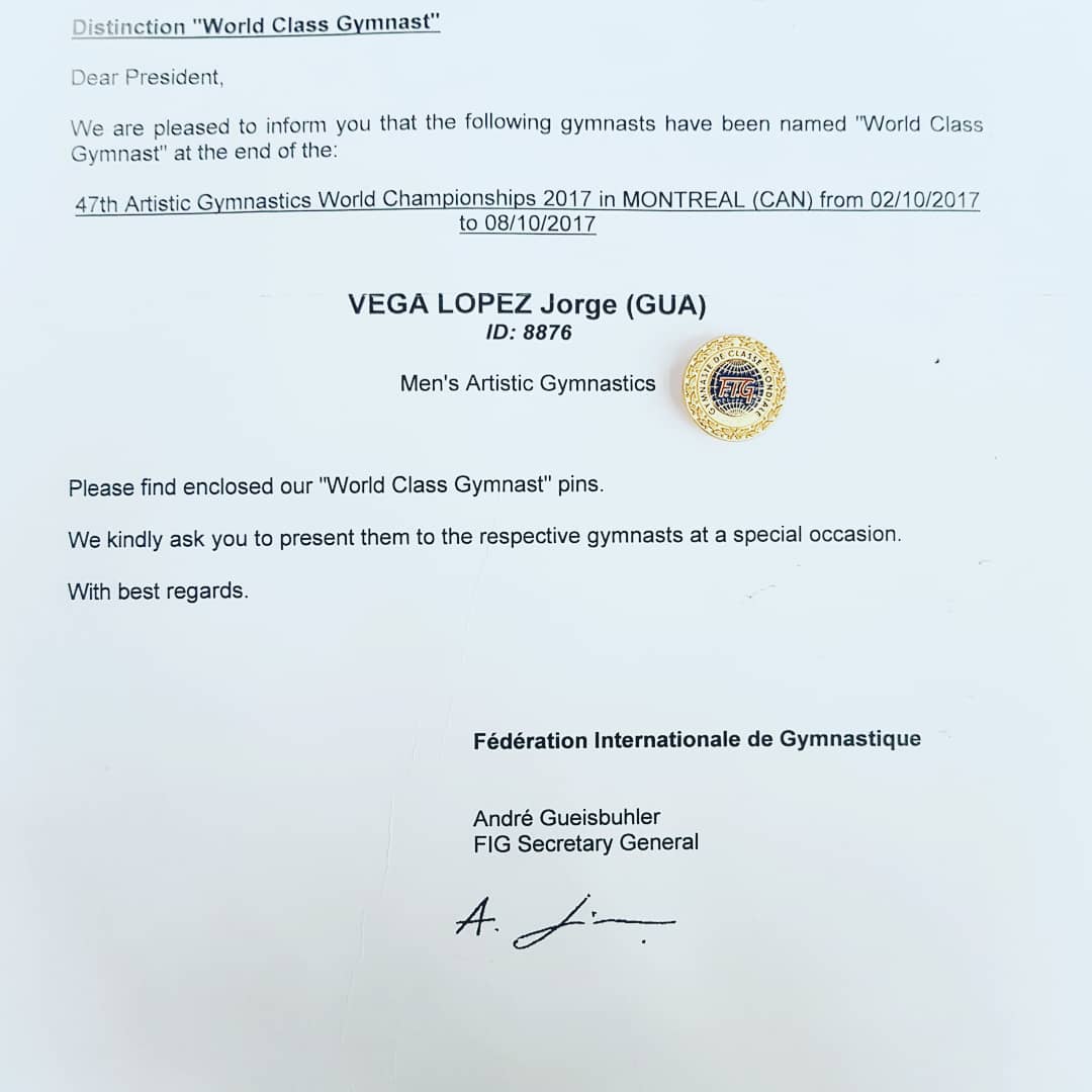 Esta es la carta en la Federación Internacional de Gimnasia, declara a Jorge Vega Gimnasta de Clase Mundial. (Foto Prensa Libre: Twitter Jorge Vega)