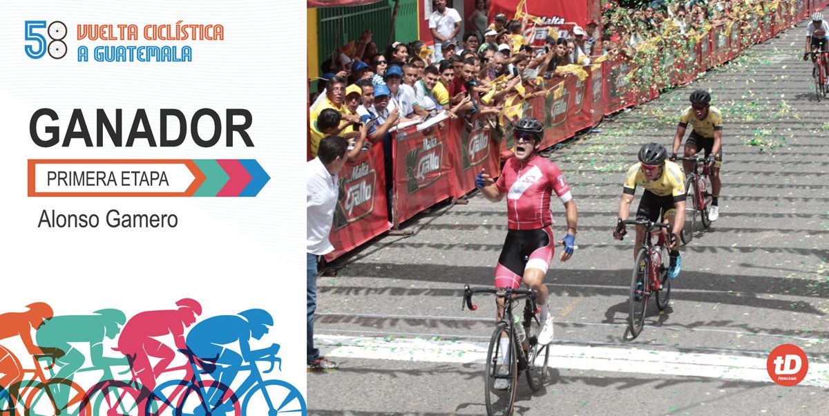 El peruano Alonso Gamero celebra al cruzar la meta de la primera etapa de la 58 Vuelta a Guatemala que se disputó entre Ciudad de Guatemala y Guastatoya. (Foto Prensa Libre: Norvin Mendoza)