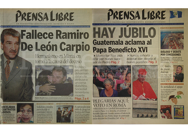 Portadas de Prensa Libre del 17 de abril de 2002 y del 20 de abril de 2005. (Foto: Hemeroteca PL)